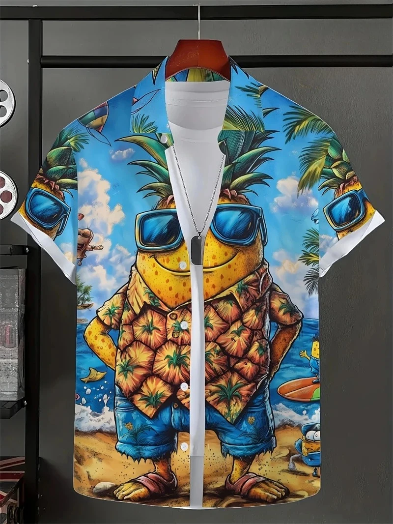 Hawaiian Men's Shirt Abstract Banana Pineapple 3D Printing Tee 2025 Funny Fruit Summer Blouse Lapel Short Sleeves Shirts Tops