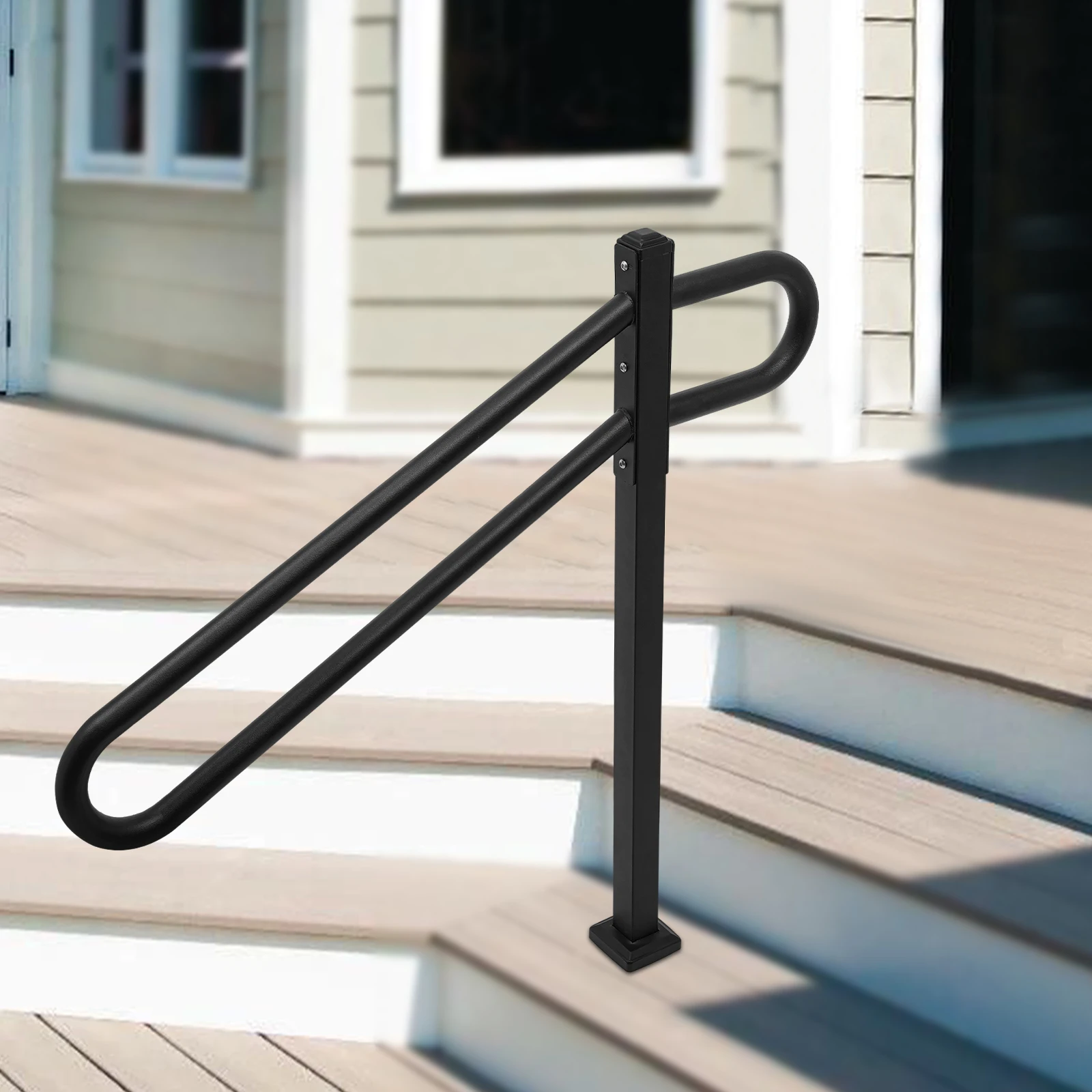

Outdoor Step Handrails - Black Metal Stair Railings w/ Non-Slip Safety Grip, Exterior Stair Support Handrail for Outdoor Stairs