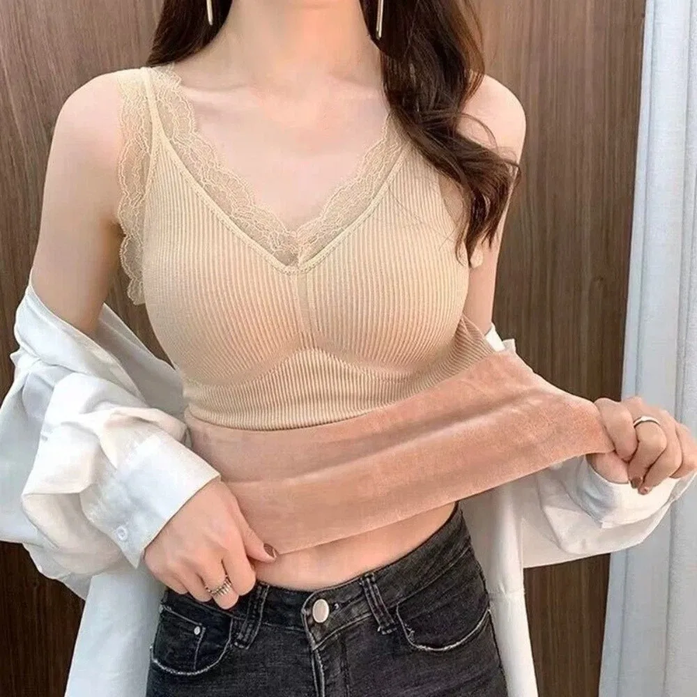 Sling Vest Top Lace Thermal Underwear Sleeveless Seamless Base Layer Vest Plush Thicken Warm Heating Cami Top Winter
