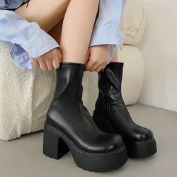 New Chunky Platform Ankle Boots Women Vintage Big Toe High Heels Short Boots Woman Zipper Thick Heel Pu Leather Botas De Mujer