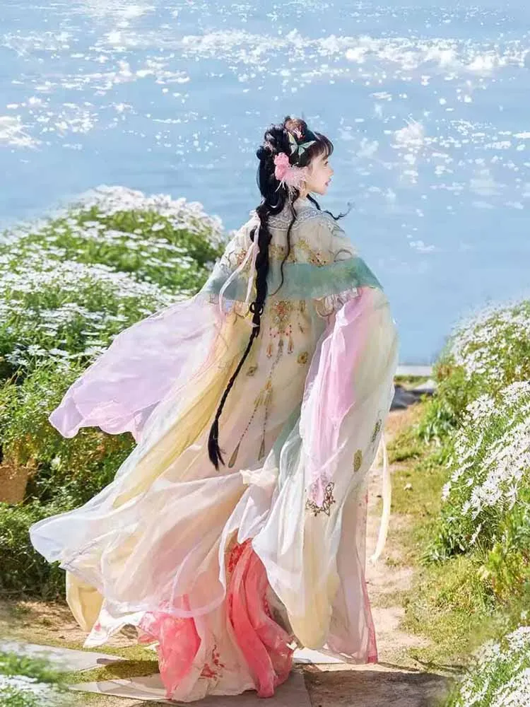중국어 Hanfu 드레스 여성 핑크 수 놓은 그라데이션 Hanfu 할로윈 카니발 요정 코스프레 의상 생일 파티 Hanfu 드레스