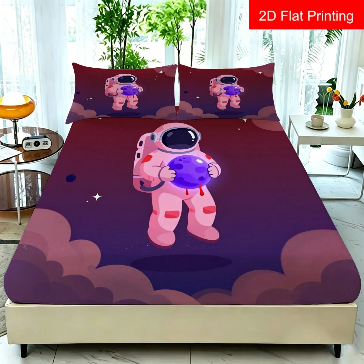Light Purple Background with Stylized White Chrysanthemum Pattern, Suitable as a Gift, Three-Piece Bedding Set (Includes 1 Fitted Sheet + 2 Pillowcases), Large Capacity Deep Bedding Set, Fitted Sheet Style, Elastic Cover, Mattress Protector, Machine Washable Design, Holiday Decoration, Various Sizes, Breathable Protector Plus Pillowcase