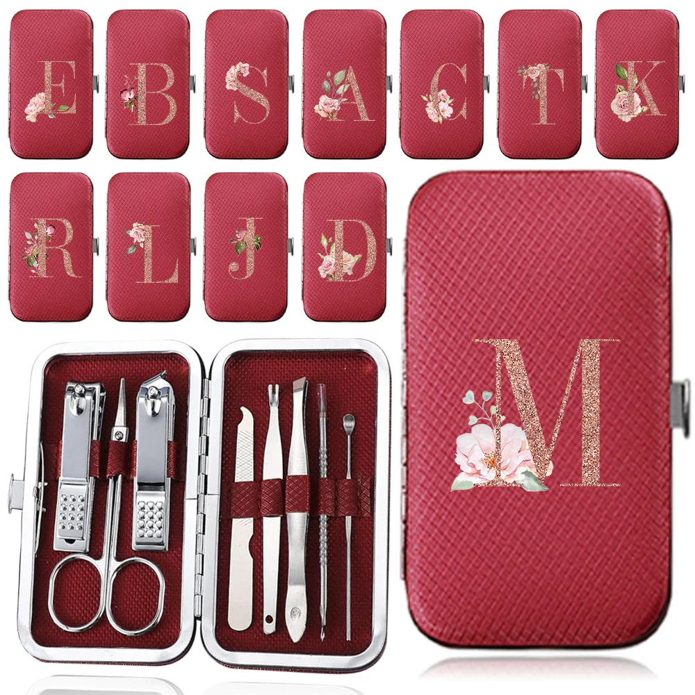 

8Pcs Manicure Set Stainless Steel Nail Clipper Kit With Leather Case Pocket Professional Foot Care Tool Rose Gold Letter Pattern