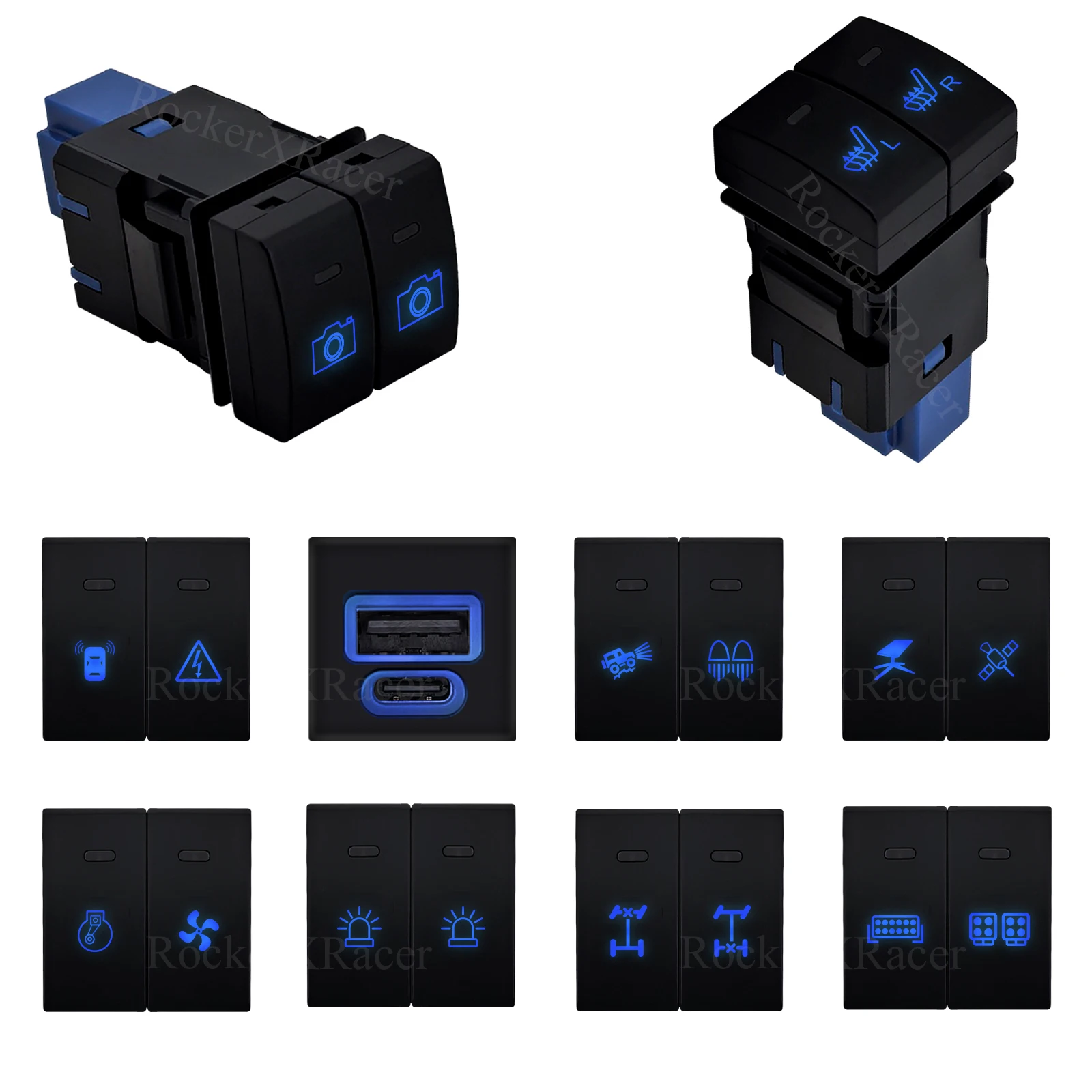 12V Car Dual Switch Blue LED USB Seat Heater Garage Momentary Button For Toyota Corolla Hiace LandCruiser 300 Prado 150 RAV4
