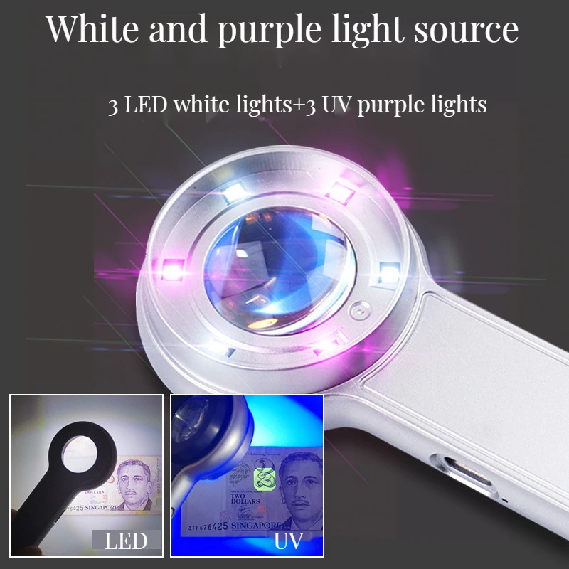 10X Handheld Portable Illumination Magnifier Magnifying Glass Loupe Tool Hd Usb Charging with Led Uv Light for Jewelry Reading