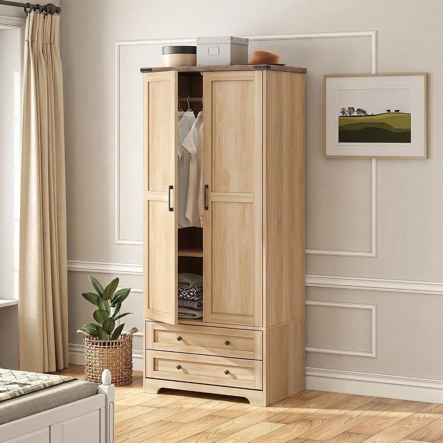 Natural Wood Wardrobe Closet with 2 Doors, 2 Drawers, Hanging Rail, Storage Shelf, Freestanding Wooden Armoire for Bedroom
