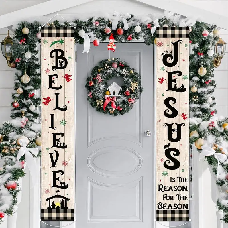 Banner de porta de natal decorações de presépio de natal 2x banners decorativos de férias decorações de varanda leves para frente