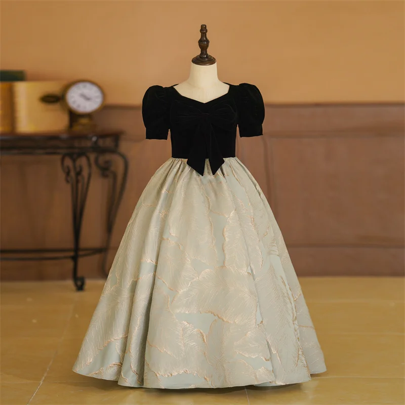Girls' jacquard hem Christmas dress Girls' flower girl dress Small concert dress Holiday dress Evening dress Wedding dres/Custom