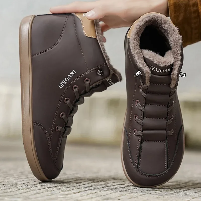 Men Cotton Shoes Outdoor Casual Shoes Winter Plush Warm Minimalist Barefoot Shoes Leather Wide Toe Zero Soles Walking Sneakers