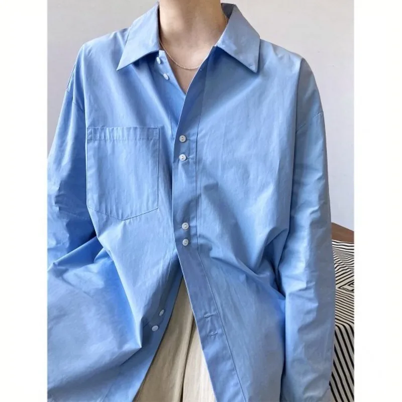 

Spring Pocket Casual Solid Shirts Turn Down Collar Single Breasted Long Sleeve Loose Oversize Basic Blouse Tops