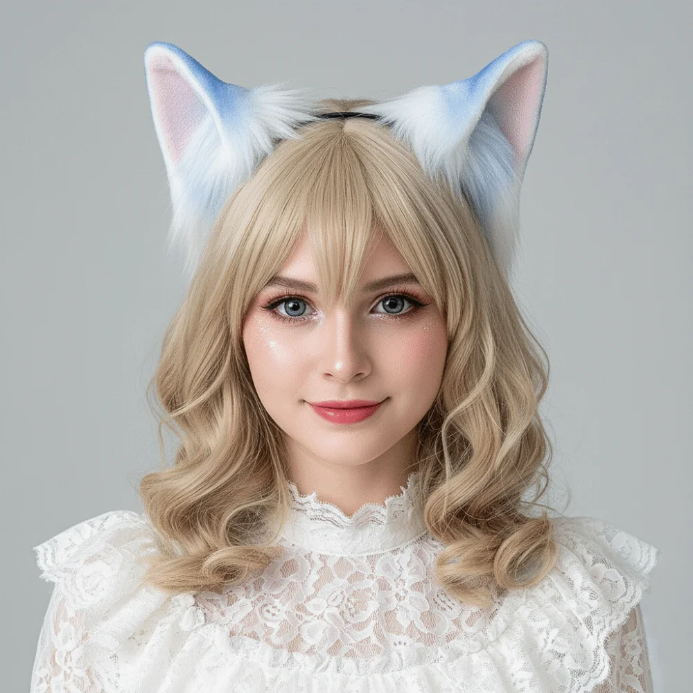 Gradient Color Faux Fur Cat Ears Flexible Fluffy Realistic Texture Cosplay Ears Hair Hoop Lightweight Comfortable