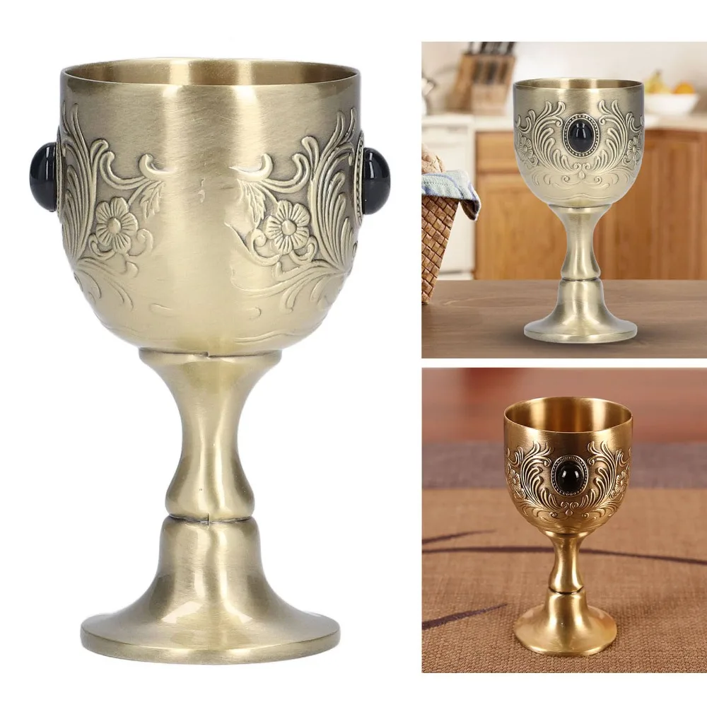 Embossed Engraving Stemmed Liquor Cup Flower Engraving Inlaid Gemstone Liqueur Cup Bronze Alloy Bronze Goblet Wine Tasting