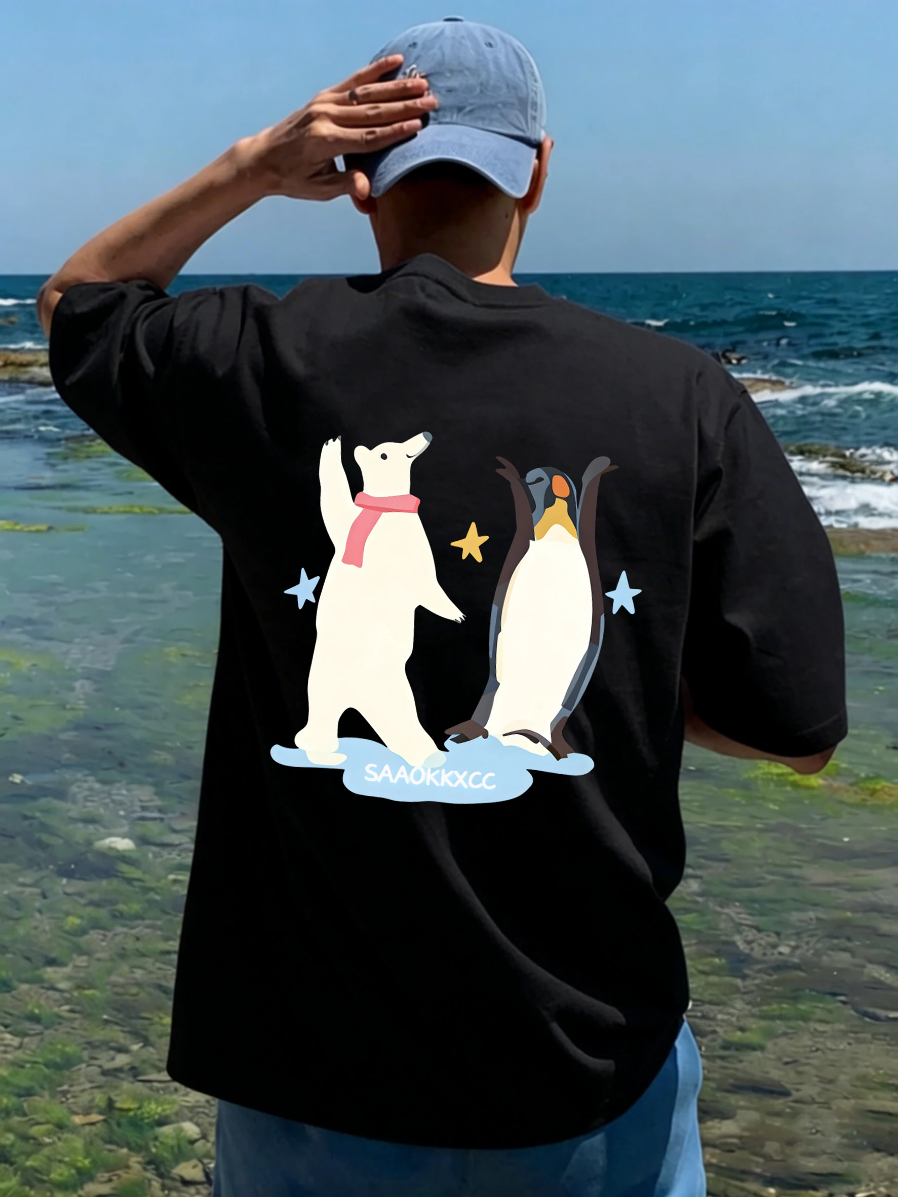 Penguins And Polar Bears Dance Together Pattern Men Cotton Soft Streetwear Summer Street T-Shirts Loose Breathable Casual Tops