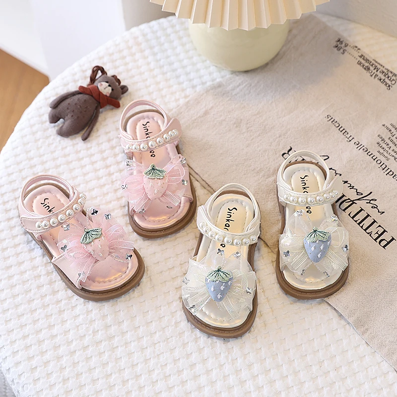 

Детские пляжные сандалии для девочек с клубничным узором, жемчугом и кружевом, с открытым носком, милые, нежные, нескользящие, лето 2026