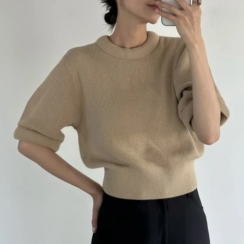 Vintage O Neck Short Sleeve Women Clothing Slim Waist Solid Elegant All-match Knitted Pullover Japan Style New Casual Fresh Tops