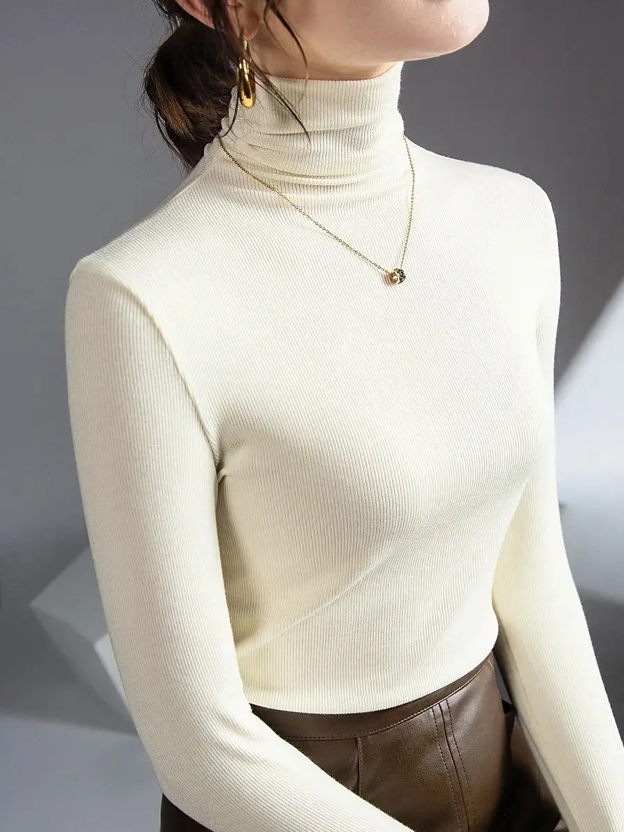 Women Turtleneck Slim Soft Long Sleeve T Shirts Lady Elegant Stretchy Solid Base Undershirts Tees Female Basic T-Shirt Top