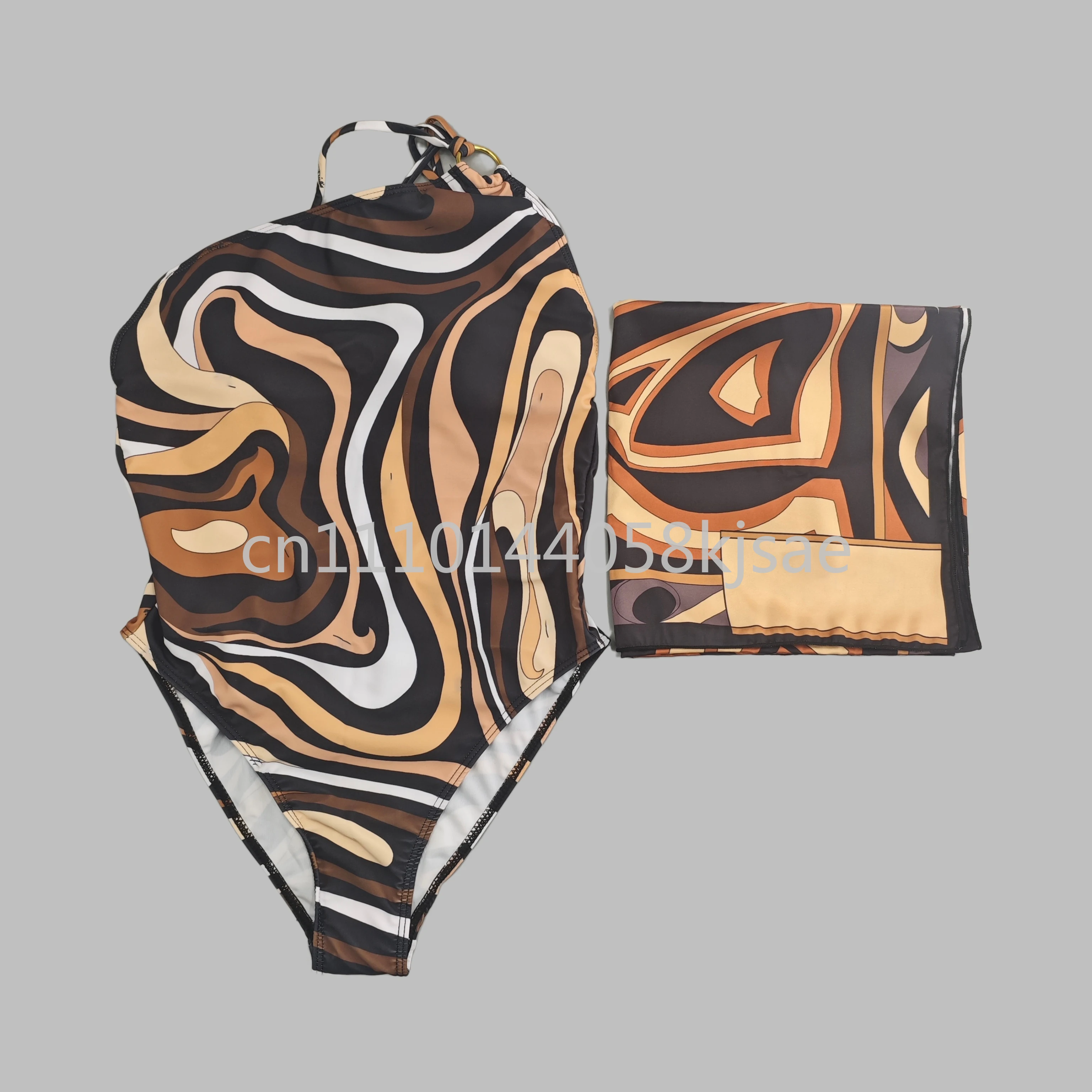 

Luxury Women's Brown Scarf Swimsuits with Letter Signature Logo Classic Design Women's Headband Bikini Sets Beachwear