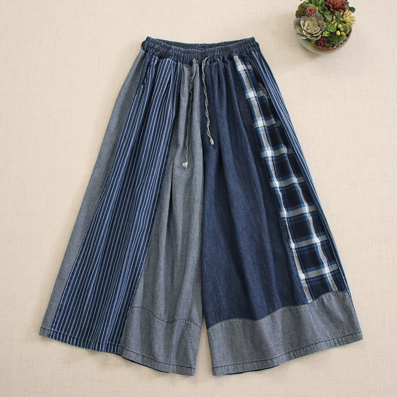 Japanese Mori Girl Vintage Plaid Striped Patchwork Cotton Denim Wide Leg Pants Women Elastci Waist Casual Loose Jeans Trousers