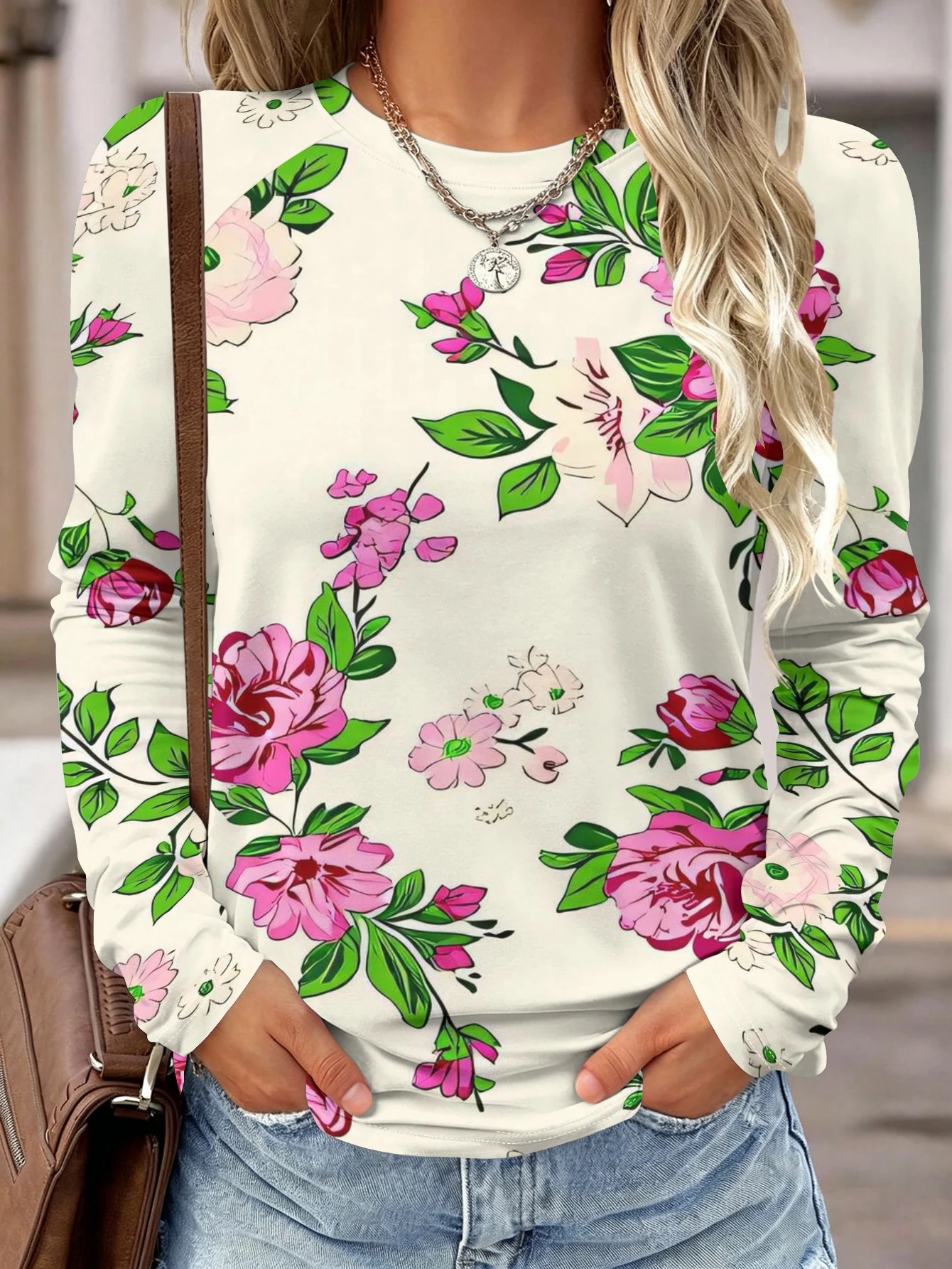 2026 Women Long Sleeve T Shirt Pink Rose Floral Print Autumn Fashion Casual Holiday Party Top Women's Clothes