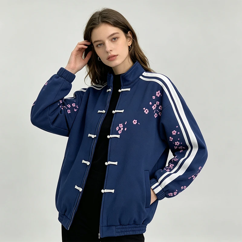 2026 Chinese Style Sakura Print Zip‑Up Sweatshirt Jacket Frog Buttons Side Stripe Stand Collar Casual Streetwear Outerwear