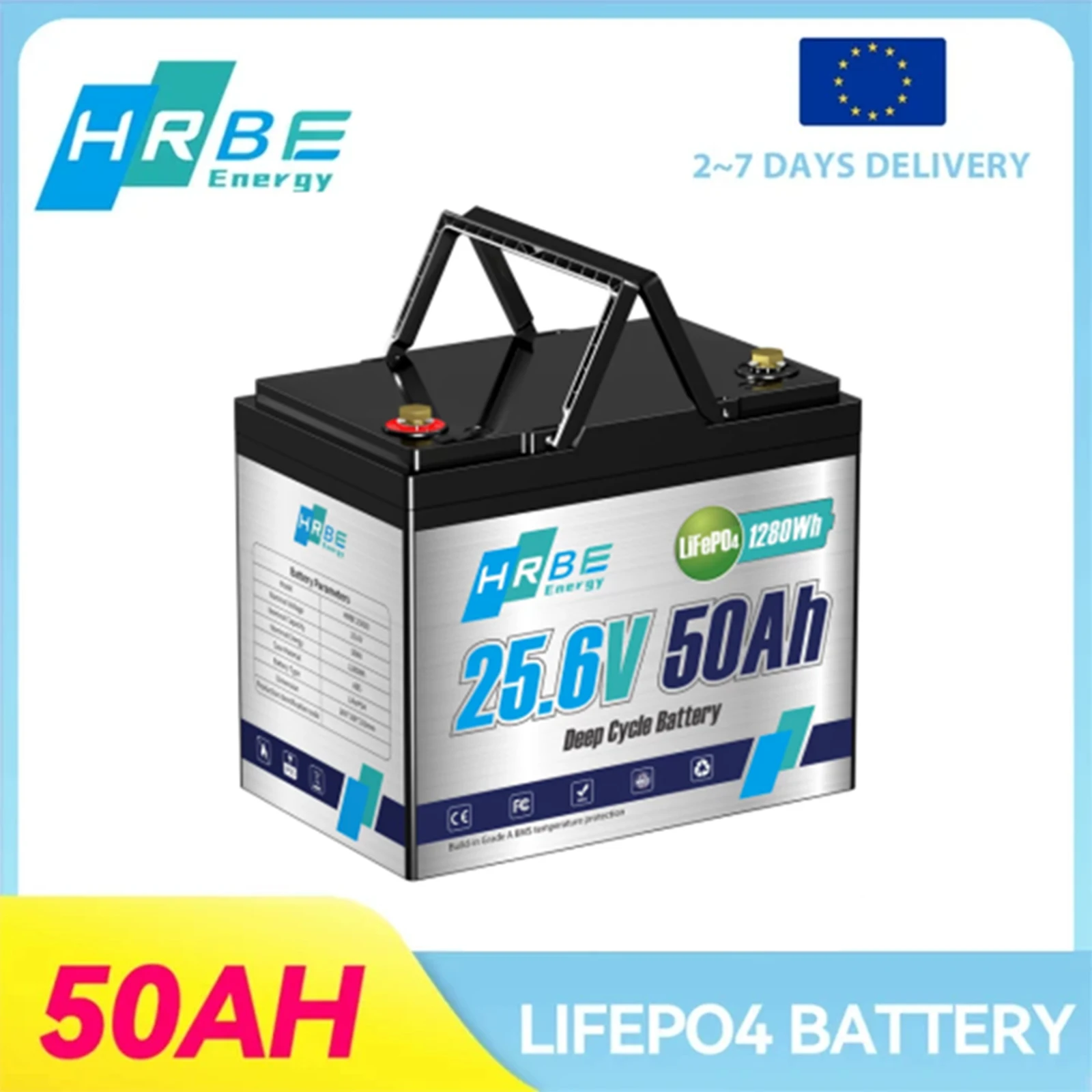 Batteria al litio LiFePO4 HRBEEnergy 24V 50Ah con scarico continuo massimo 1C, ciclo profondo per motori, apparecchiature e camper ad alta potenza