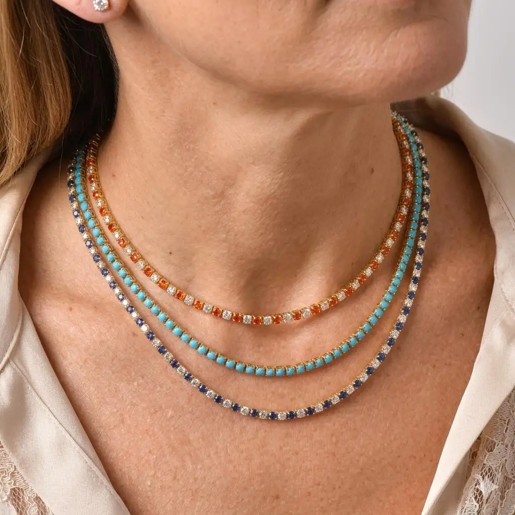 Iced Out Tennis Necklace Choker 3mm Thin Chain Waterproof Summer Beach Vacation Statement Jewelry Gift