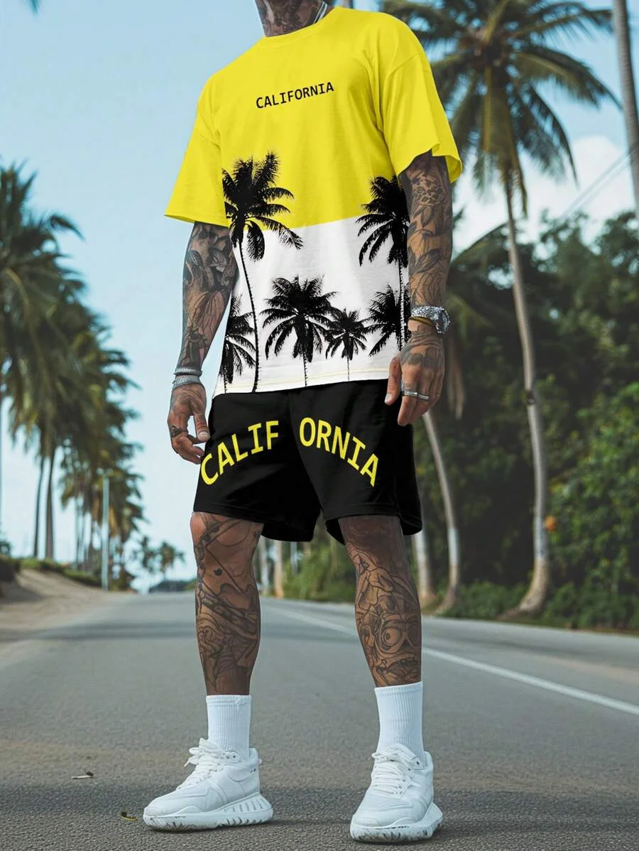 Men's set fashion leaf print round neck short sleeved shirt Hawaii vacation casual set men's loose drawstring pocket shorts