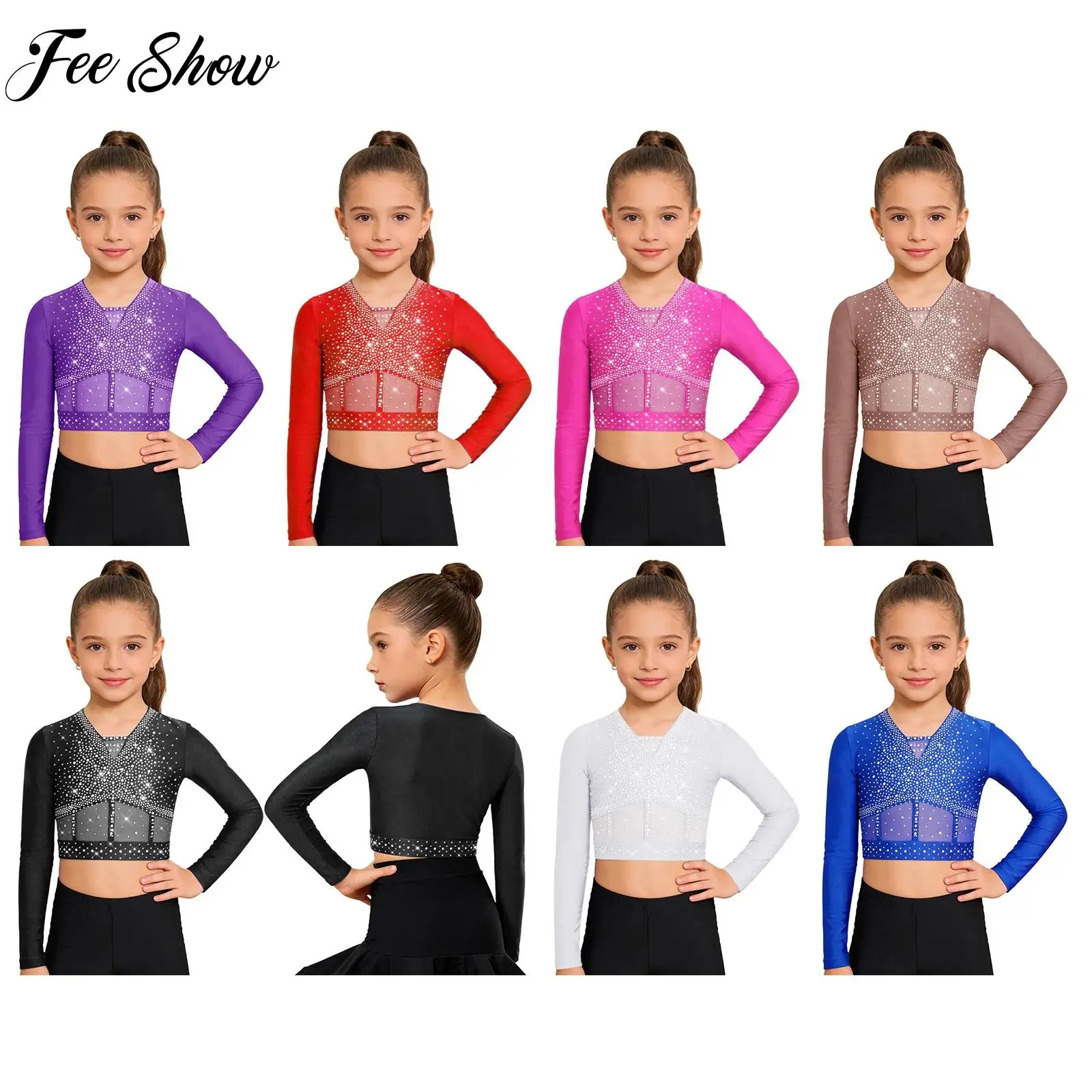 

Детский танцевальный топ для девочек, костюм для фигурного катания и лирического танца, с длинным рукавом, стразами, сетчатый укороченный топ, одежда для выступлений
