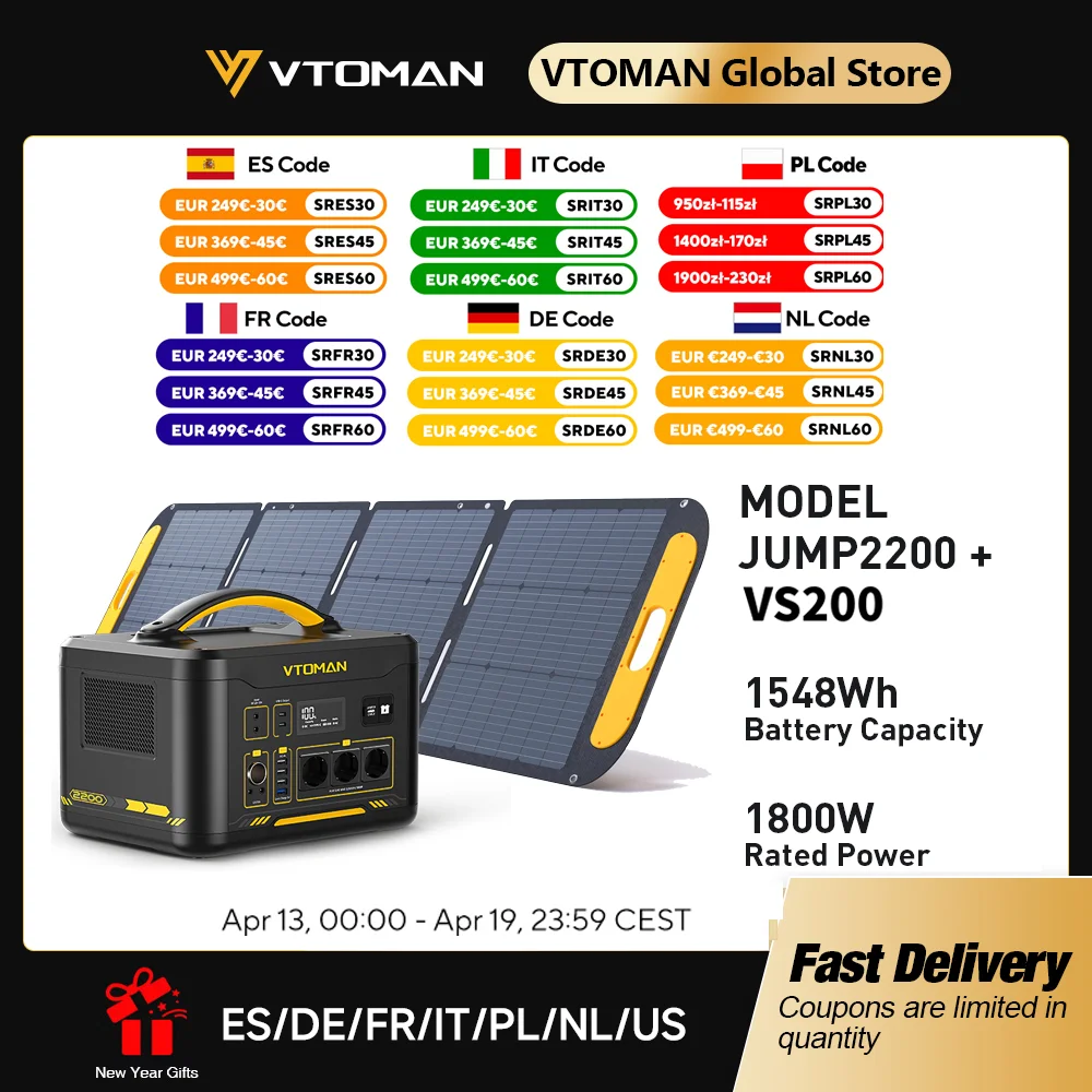 VTOMAN JUMP 2200 Kraftwerk mit VS200 Solarpanel-Kit, 1548 Wh LiFePO4-Batterie-Solargenerator für Camping und Notfall