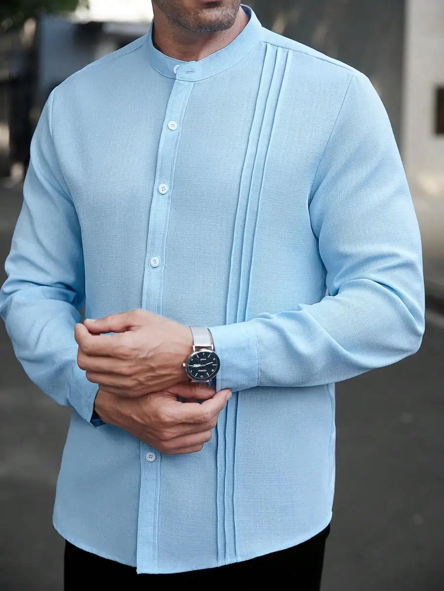 

Men's Light Blue Solid Color Mandarin Collar Long Sleeve Button-Up Shirt for Casual Commute