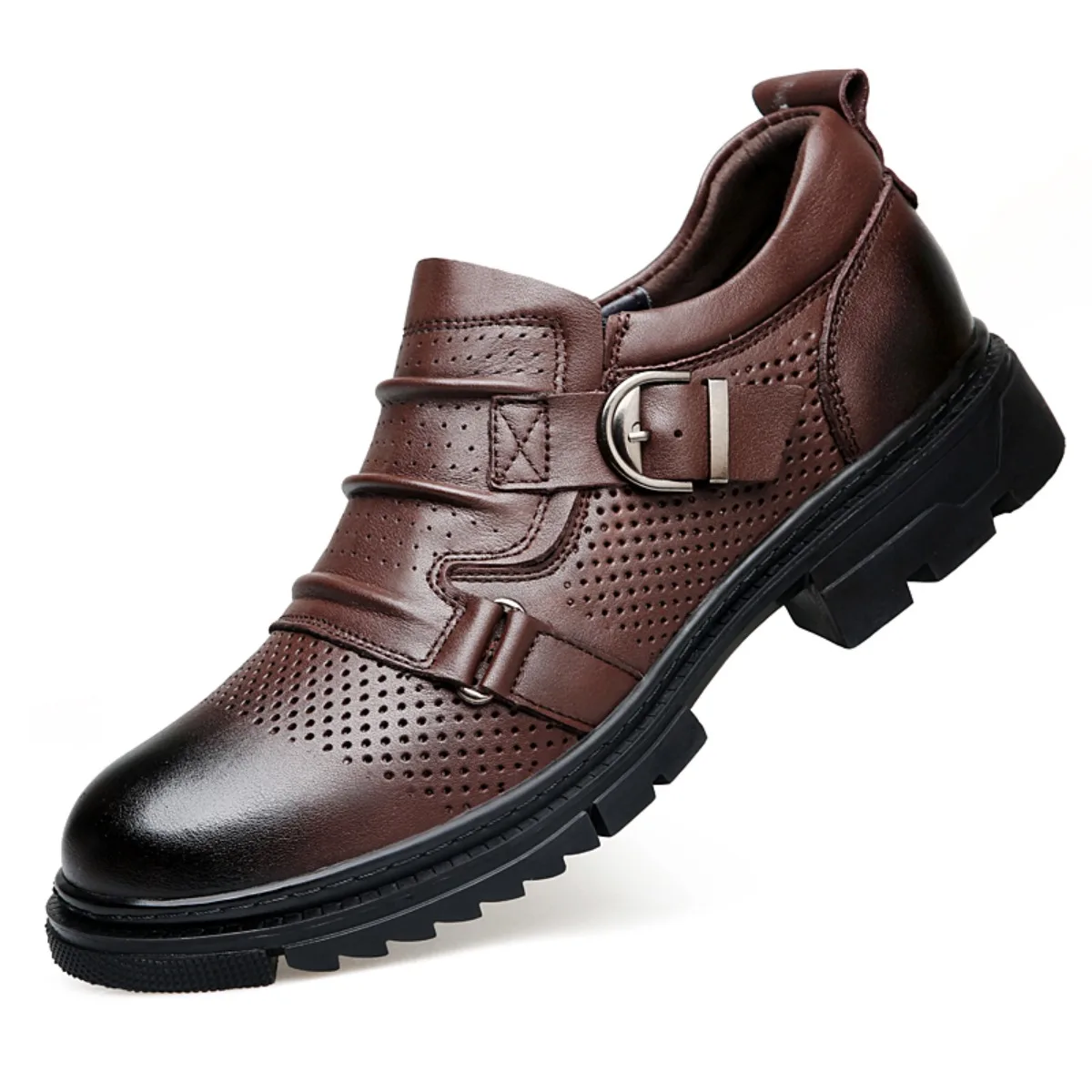 

2026 New Men's Premium Leather Casual Shoes, Buckle Strap Slip-On Dress Shoes, Breathable Perforated Plus Size Shoes