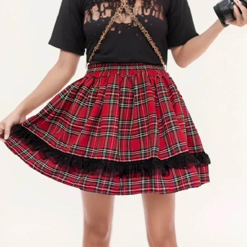 Women Plaid Mini Skirt Y2k Style Elastic  Waist Lace Patchwork Pleated Skirts Sexy Outdoor Casual Streetwear 4 Color 2025 Summer