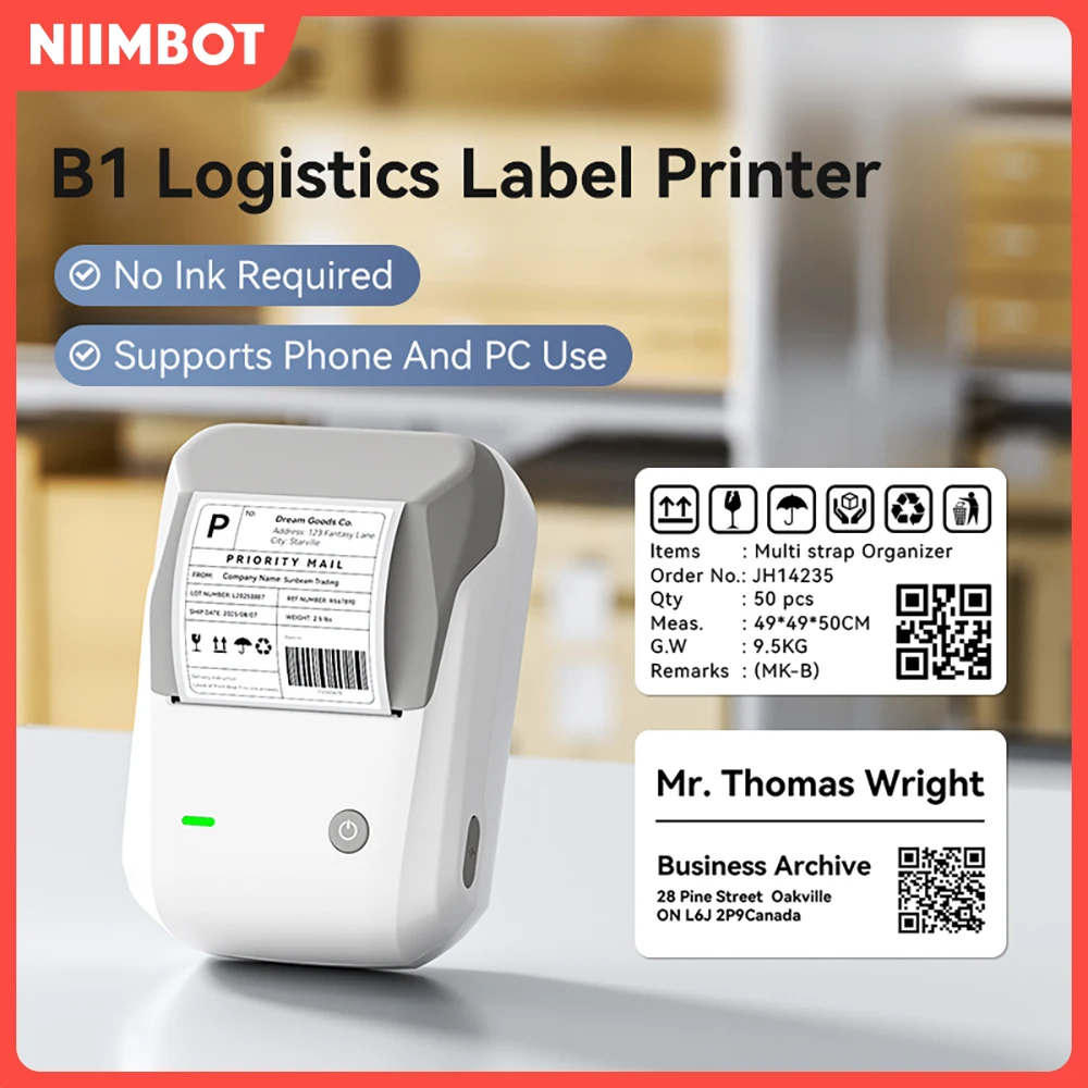Impresora de etiquetas de logística térmica inalámbrica Niimbot B1 con etiqueta de 20-50mm de ancho para paquetes de envío compatible con ventana de Android iPhone