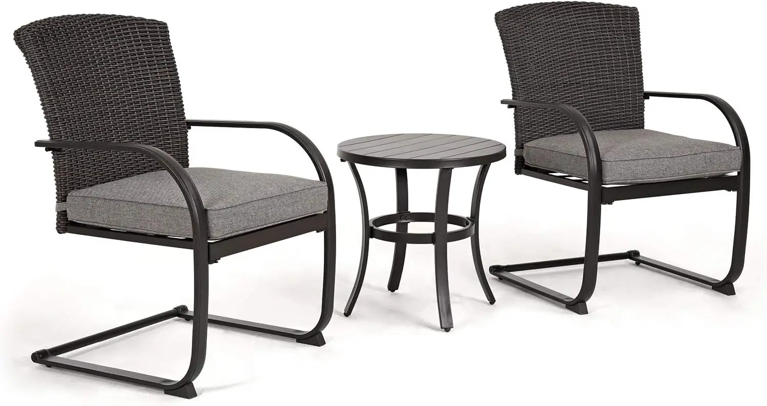 Outdoor Wicker Table Set, 3-Piece Bistro Set, cadeiras de balanço, almofadas removíveis, pequena mesa de café, Mobília do pátio