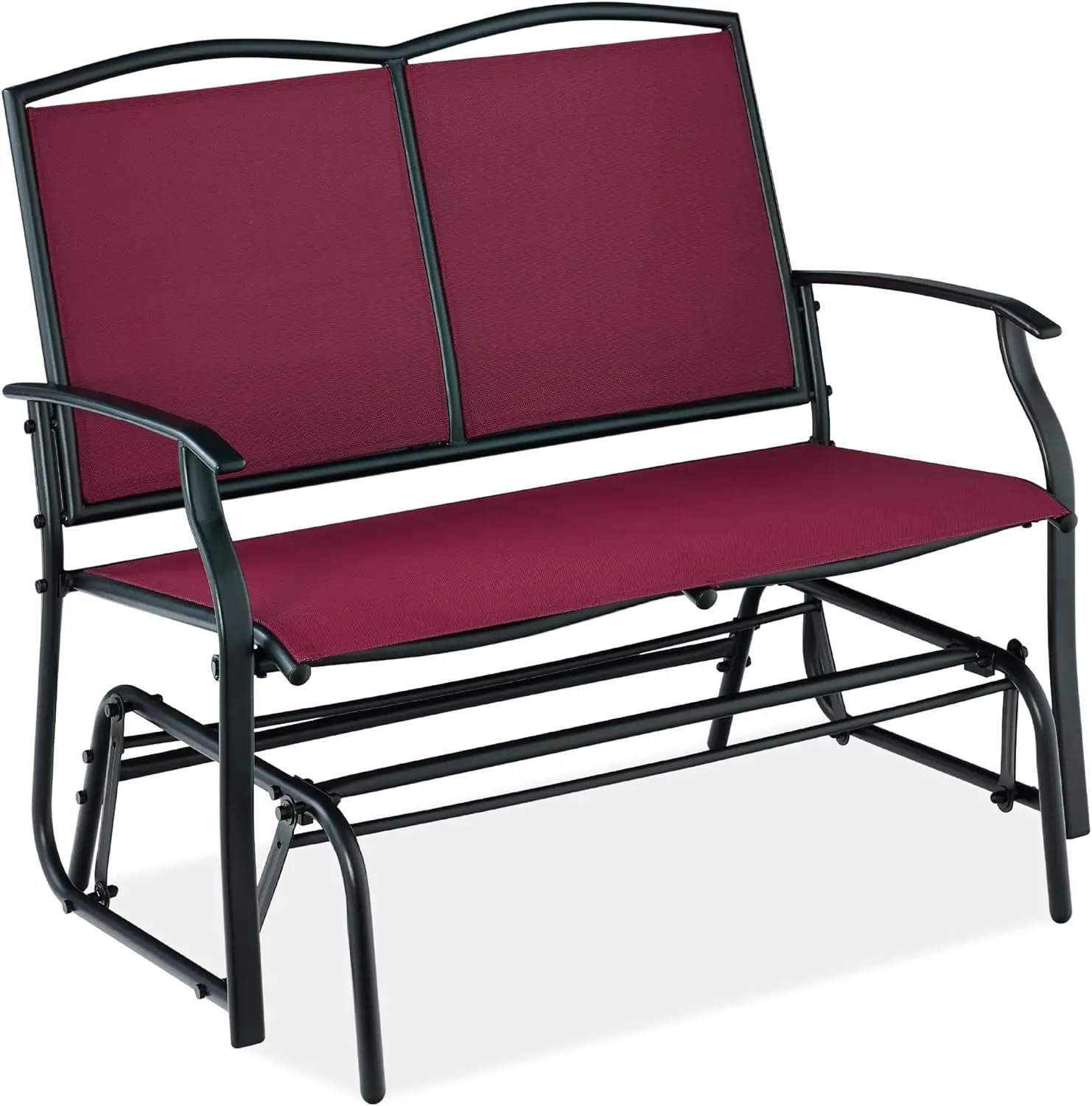 

2Person Outdoor Patio Swing Glider Steel Bench Loveseat Rocker for Deck, Porch w/Textilene Fabric, Steel Frame - Burgundy/Black