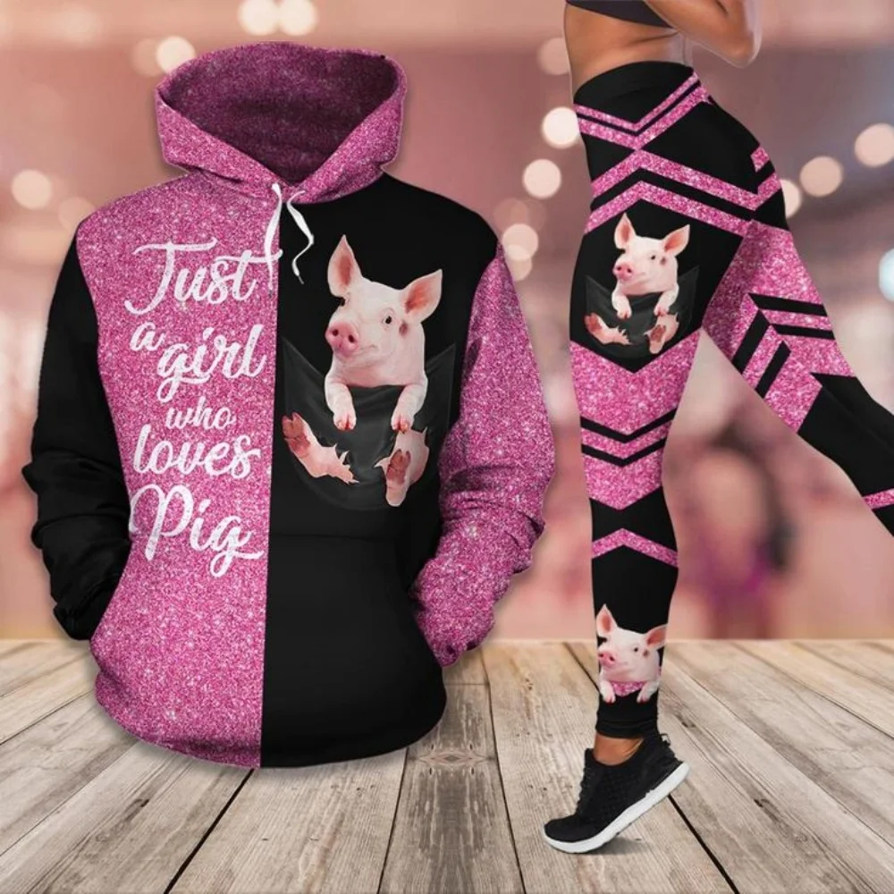 2025 New Personalized Street Fashion 3D Printing Cute Pig Sweater Set - Hoodies - Funny Fashion Sweatshirts Leggings Sexy Outfit