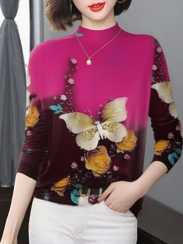 

Elegant Style Long Sleeve Fleece Lined Printed Thickened Half High Collar Print Base Shirt for Middle Aged Women