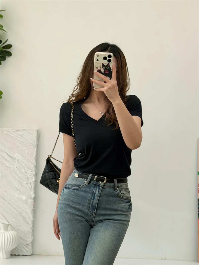 

Женская футболка с коротким рукавом Slim Fit, с V-образным вырезом, в повседневном стиле, из хлопка, весна-лето, утягивающий топ, бренд MS.SUUPEER