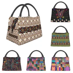 African Brown Kitenge Fabric Print Insulated Lunch Bag for Work Office Kanga Portable Thermal Cooler Bento Box Women