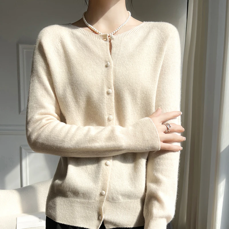 Spring New Cardigan Women\'s O-Neck Line Ready To Wear Sweater 100% Pure Wool Knitted Jacket Slim Fit Fashion Long Sleeved Shirt