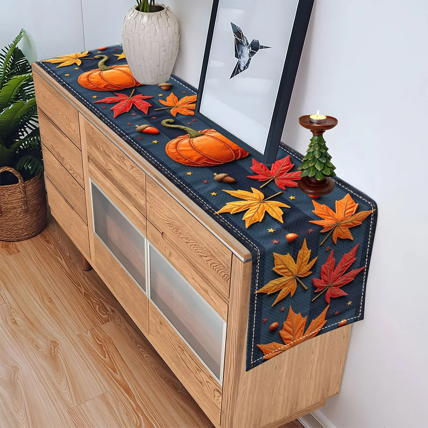 قطعة واحدة من مفرش طاولة بطابع الخريف مع أنماط أوراق اليقطين والخريف، مناسبة للتجمعات العائلية لعيد الشكر والديكور المنزلي على الطراز الريفي #5