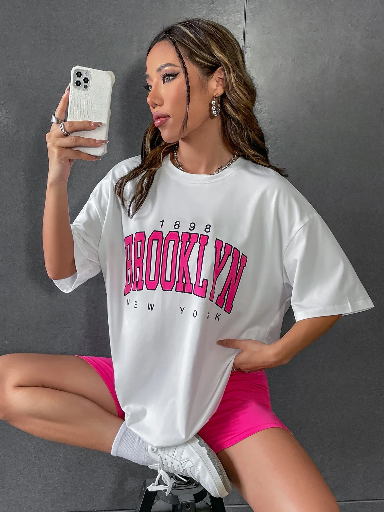 

New T-Shirt Women 1898 Brooklyn York Letter Drop Shoulder Print Vintage Oversized T Shirt Simple Clothes Female Tshirt Y2K Top