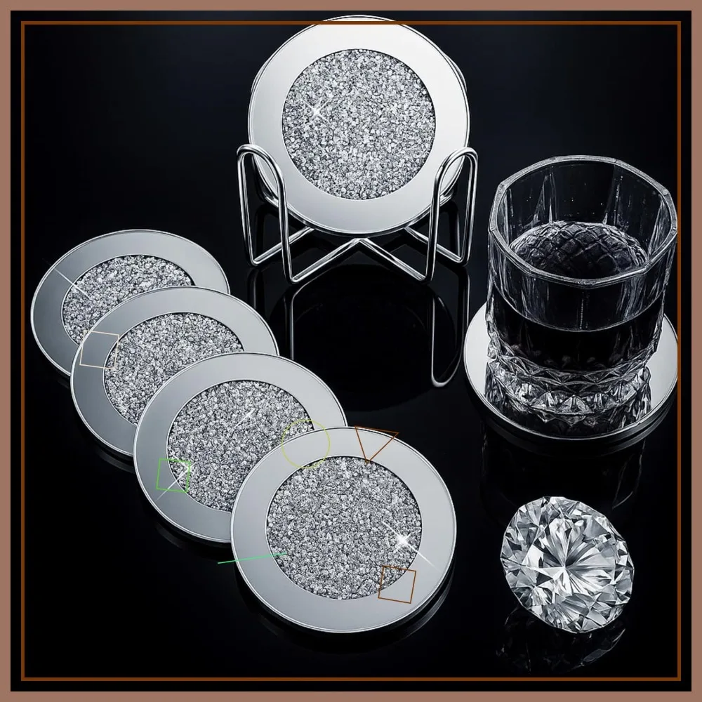 

6-Piece Glitter Crystal Glass Coaster Set with Holder, Silver Diamond Cup Mat for Bar Kitchen Christmas Gift