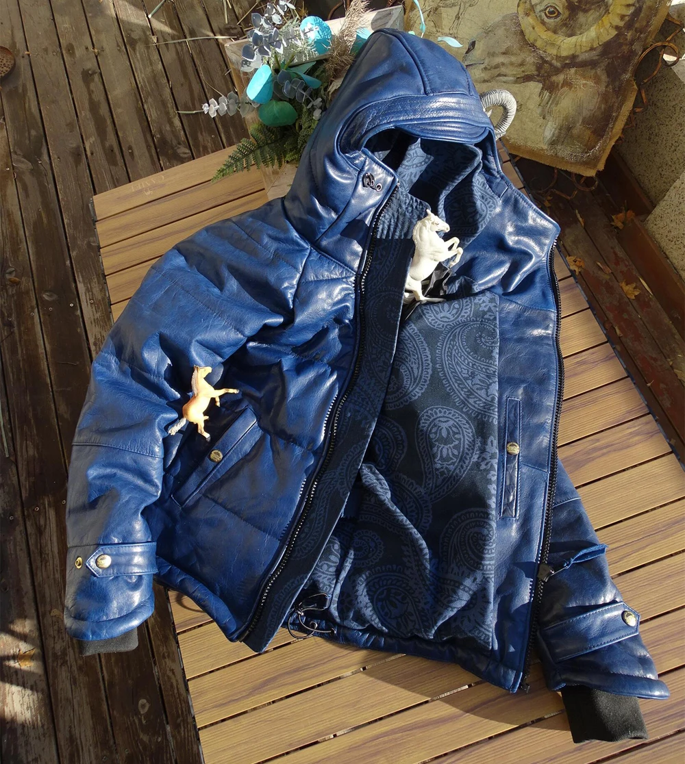 Ricken Jackets Hooded Mens Down Coat Blue Horseskin Topcoats with Cotton Padded Overcoat Genuine Leather Japanese Streetwear