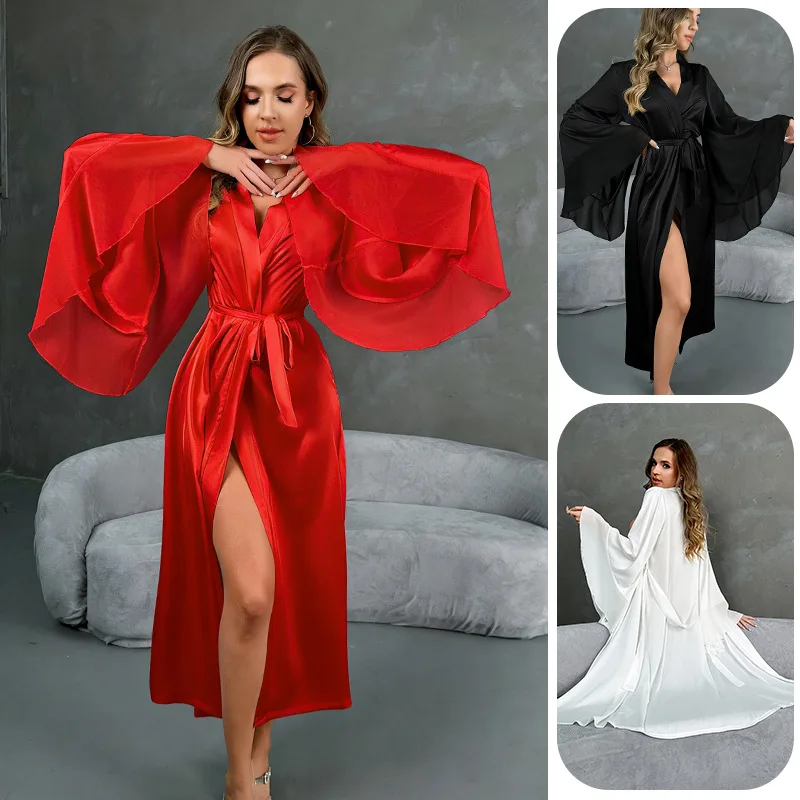 

Сексуальный атласный халат с широкими рукавами, V-образным вырезом и шнуровкой, длинный, женский, легкий люксовый домашний костюм CW35459
