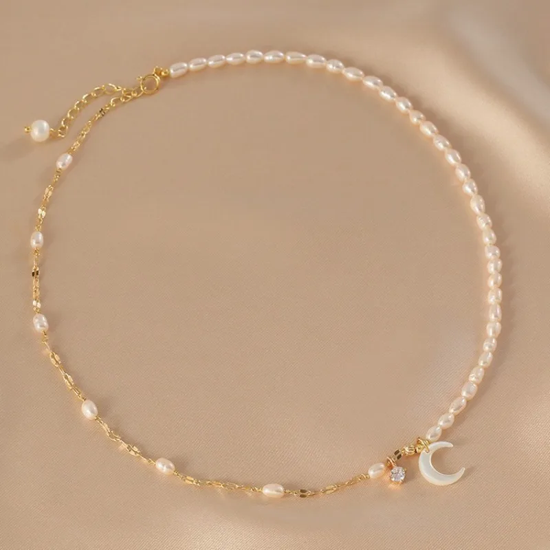 ALLNEWME Dainty Rice Freshwater Pearl Beaded Necklaces for Women  Gold Plated Brass White Shell Moon Asymmetry Chain Choker