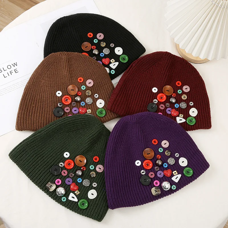 

New Knitted Cap Winter Warm Hip Hop Sweater Hat Colorful Button Decoration Fashion Ear Guard Beanies for Women