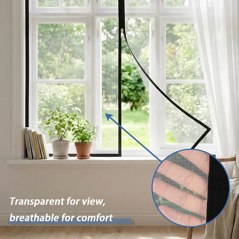 Black Zipper Window Screen for Home, Open-and-Close Zipper Design, Hook-and-Loop Easy Install, Keeps Mosquitoes & Bugs Out