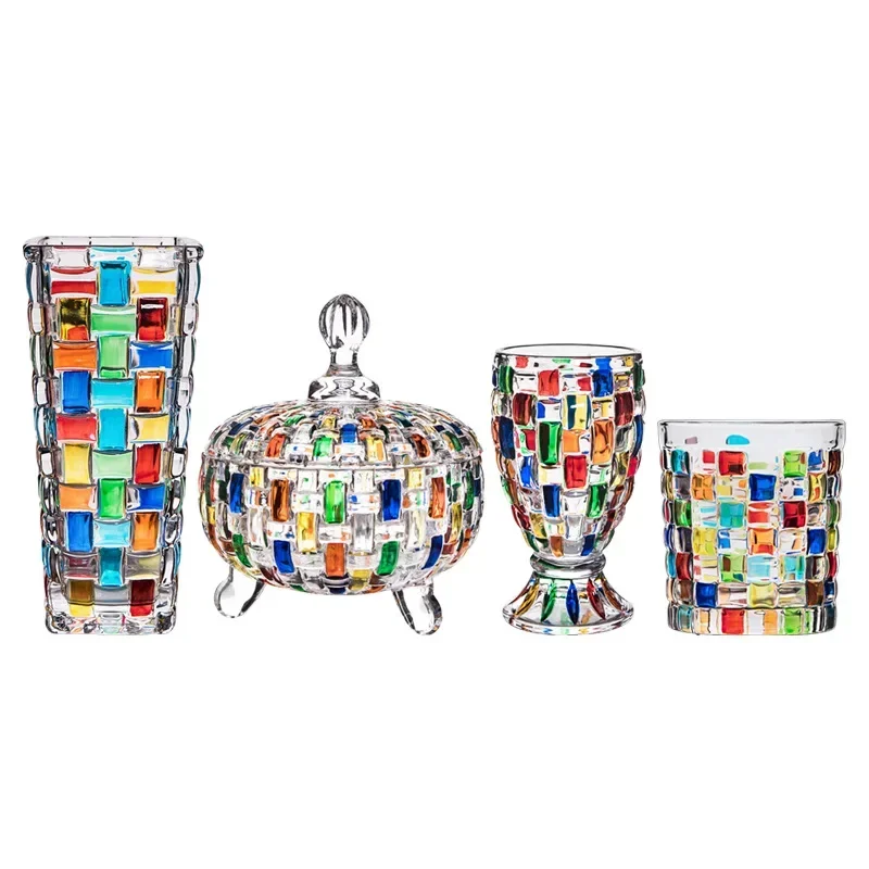 European-style Hand-painted Stained Glass Candy Jar Woven Pattern Fruit Bowl Contrast Vase Painted Juice Cup Whiskey Glass
