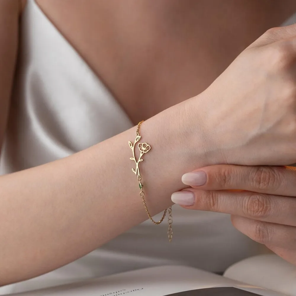 

Браслет с камнем на заказ, браслет с цветком рождения, персонализированные ювелирные изделия из нержавеющей стали, браслет с начальной буквой, подарок на день рождения